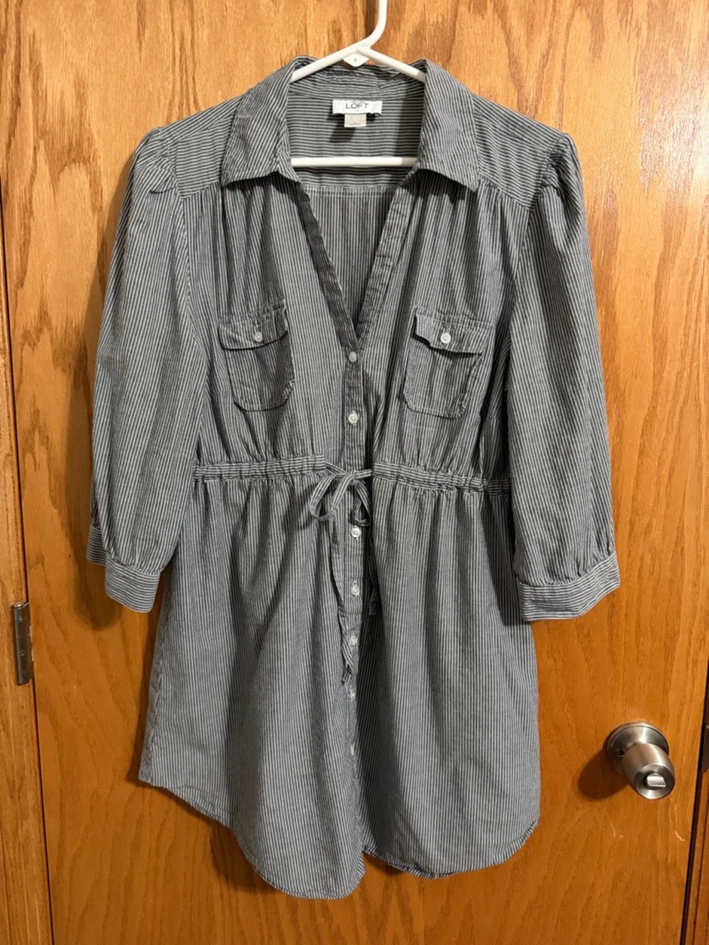 LOFT Grey and White Striped Button-Front Top
